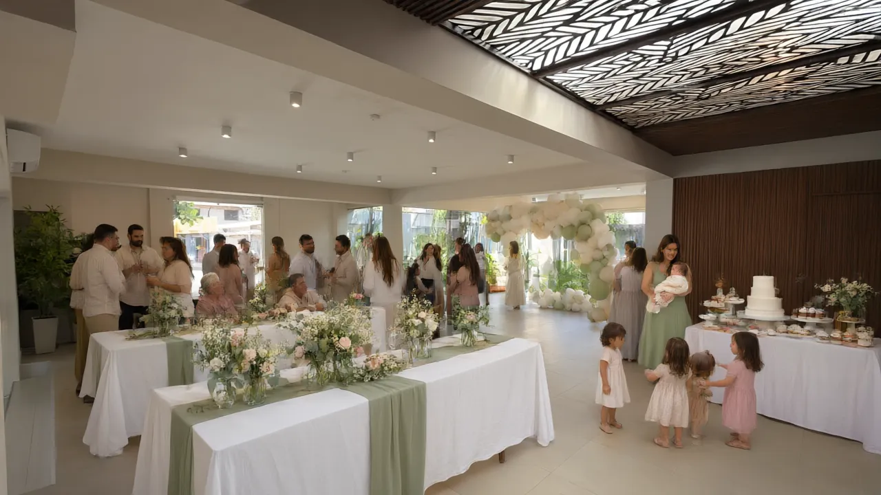 Ambientación ilustrativa de un baby shower en el salón del jardín
