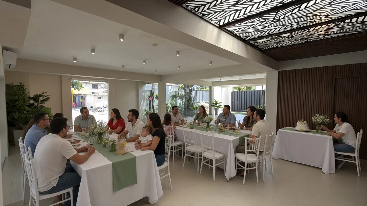 Ambientación ilustrativa de un baby shower en el salón del jardín